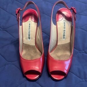 Manolo Blahnik red open toe sling backs